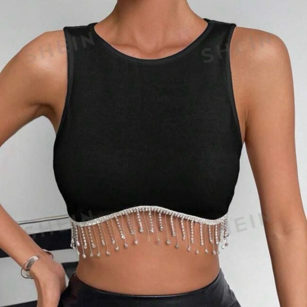3/$10 🌸 Brand new SHEIN black rhinestone fringe top | Bachelorette, Embellished